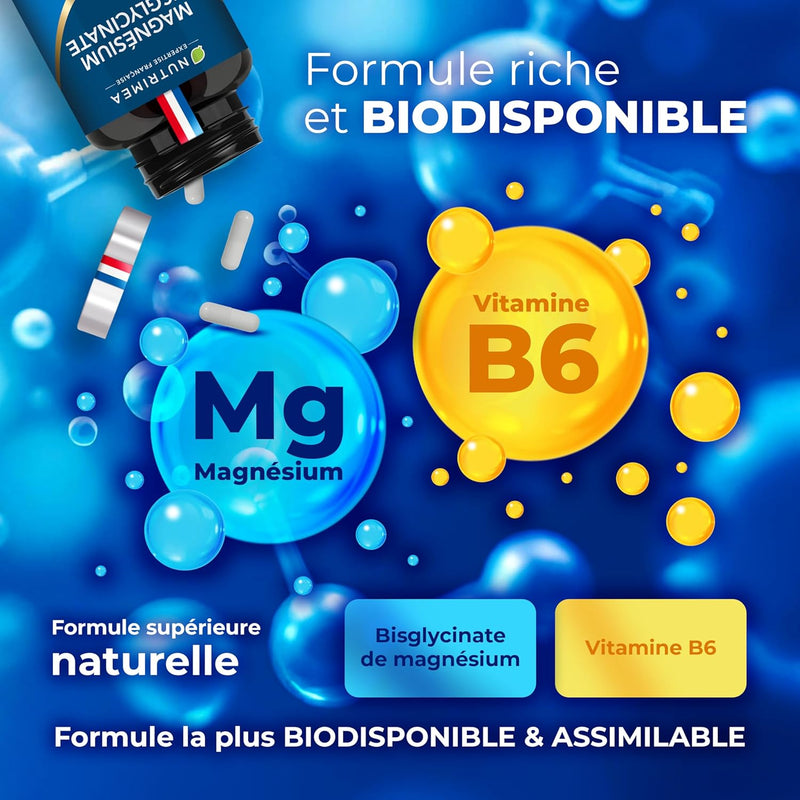 Magnésium Bisglycinate + Vitamine B6 - Sommeil, Stress, Fatigue - Absorption Maximale & Assimilation Facilitée - 90 Gélules Vegan - Nutrimea - Fabriqué en France