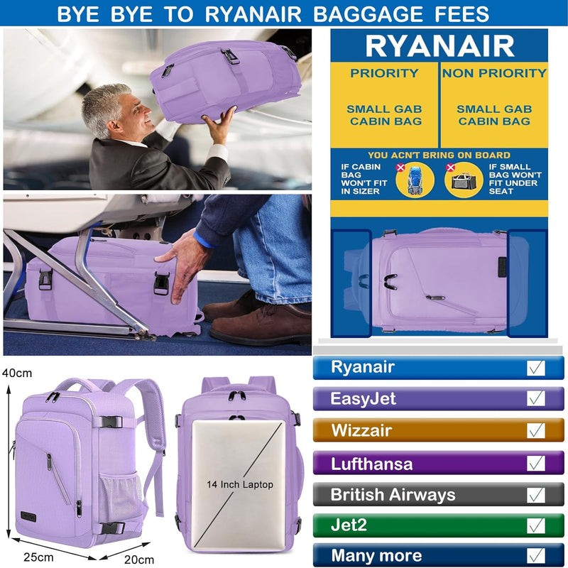 Luggage Cabin Backpack Travel Cabin Airplane Under Seat Hand Luggage Small Travel Bag, Light Purple, Vacation