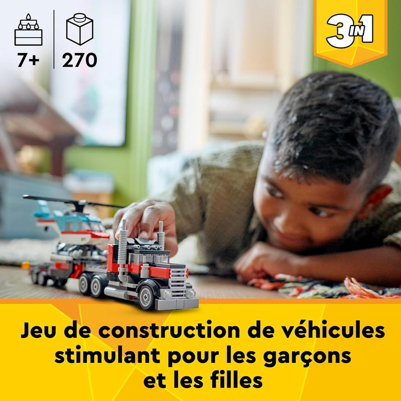 LEGO Creator 3-en-1 Le Camion Remorque avec Hélicoptère, Set de Véhicules avec Jouet d'Hélicoptère et Camion, Avion et Camion-Citerne, Hot Rod et VUS, Cadeau pour Garçons et Filles Dès 7 Ans 31146