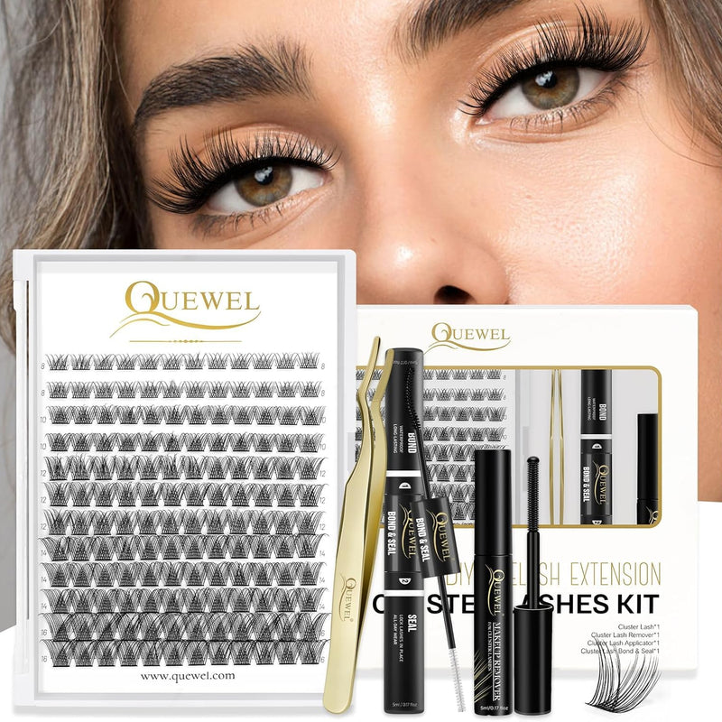 Individual-Lashes 144 Cluster-Lashes QUEWEL DIY Eyelash-Extensions-Kit, Clusters Eyelash Applicator, Cluster Lashes Bond and Seal Super Hold, Clusters Lash Glue Remover Easy to Remove(QU-RR-DH-01)