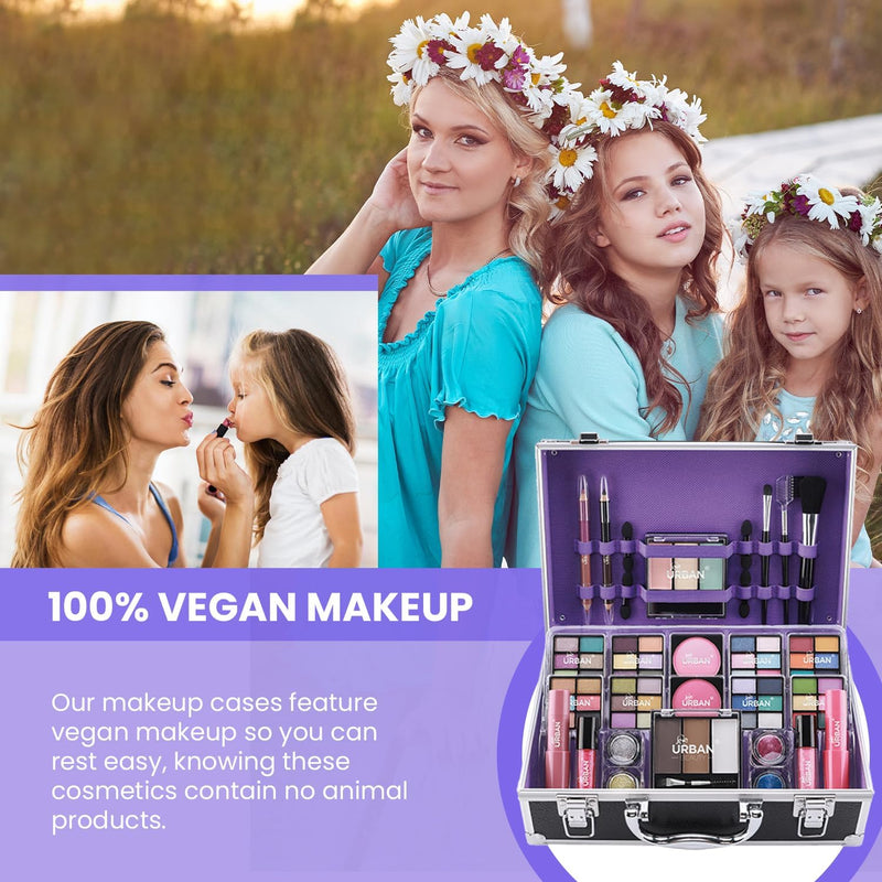 Bliss Beauty Case with Vegan Makeup Products - Beauty Case with Eyeshadow, Blush, Lipstick, Wax and Powder for Eyebrows, Brushes - Makeup Case Organizer with Aluminium Frame