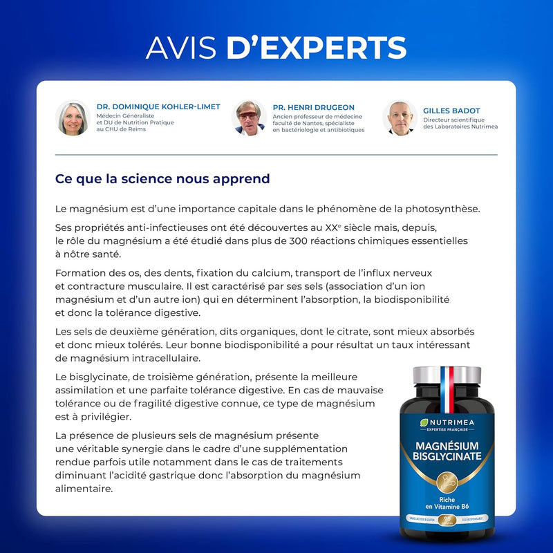 Magnésium Bisglycinate + Vitamine B6 - Sommeil, Stress, Fatigue - Absorption Maximale & Assimilation Facilitée - 90 Gélules Vegan - Nutrimea - Fabriqué en France