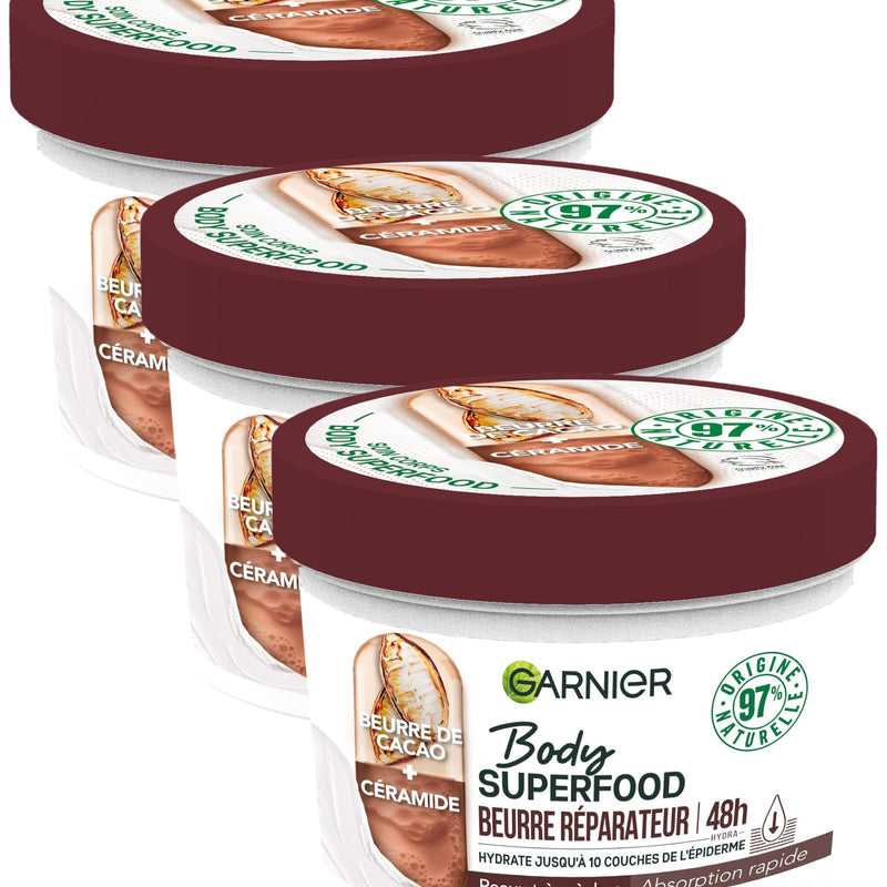 Garnier - Body Superfood - Repair Body Cream - 48H Hydration - Vegan & 97% Natural Formula - Cocoa Butter & Ceramide - For Dry Skin - 380ml