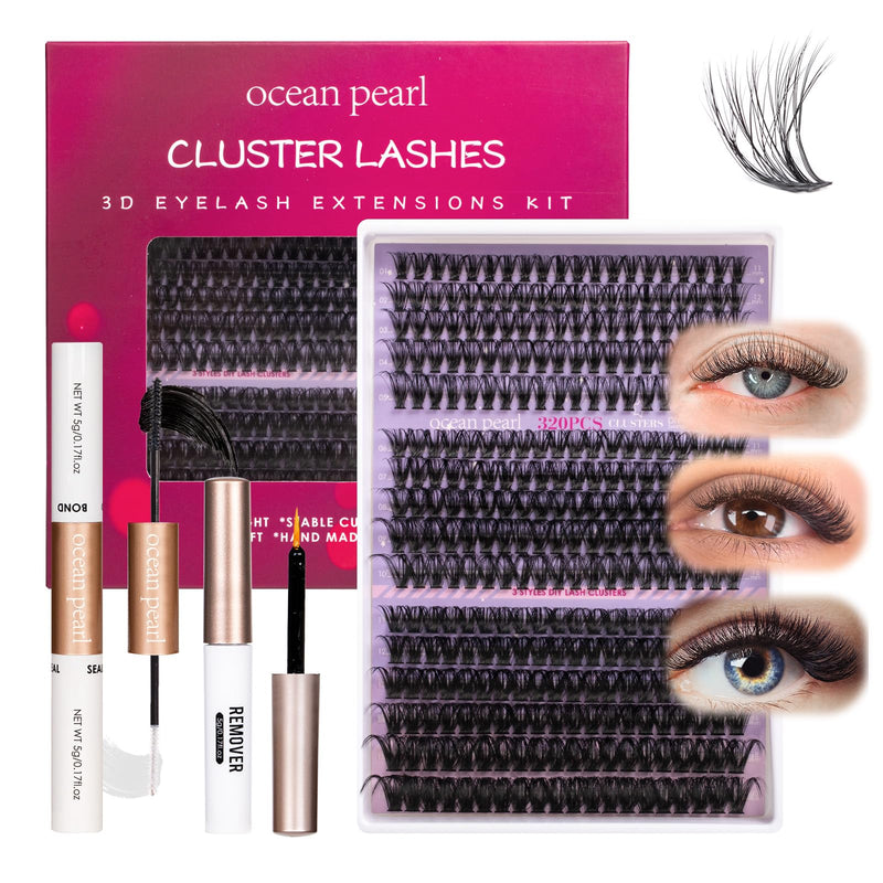 Ocean Pearl Cluster Lashes 144PCS Eyelashes 10-16mm Lash Clusters Fluffy Eyelash Extension Cluster Lashes Kit Individual Eyelash Lash Extensions Kit with Super Bond+Seal+Remover+Tweezer-DM01
