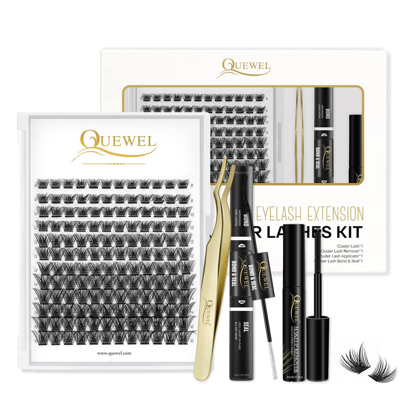 Individual-Lashes 144 Cluster-Lashes QUEWEL DIY Eyelash-Extensions-Kit, Clusters Eyelash Applicator, Cluster Lashes Bond and Seal Super Hold, Clusters Lash Glue Remover Easy to Remove(QU-RR-DH-01)