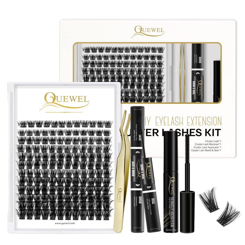 Individual-Lashes 144 Cluster-Lashes QUEWEL DIY Eyelash-Extensions-Kit, Clusters Eyelash Applicator, Cluster Lashes Bond and Seal Super Hold, Clusters Lash Glue Remover Easy to Remove(QU-RR-DH-01)