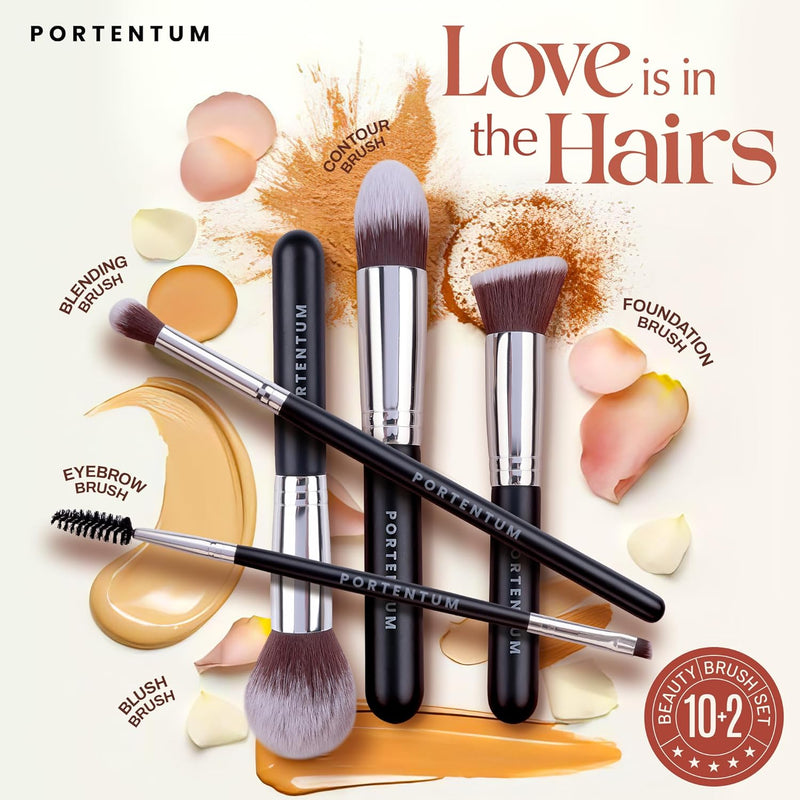 PORTENTUM Make up Brushes 12Pcs Makeup Kit, Premium Synthetic Kabuki Foundation Face Powder Concealers Eyeshadow Blush Brushes Make up Brushes Set