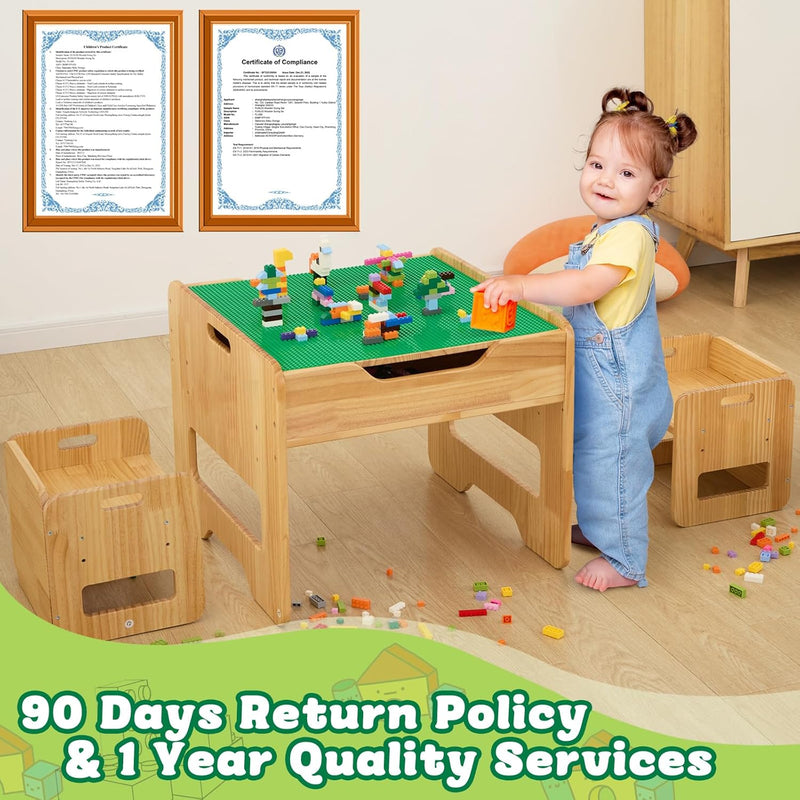 FUNLIO 2-in-1 Activity Table and 2 Chairs Solid Wood for Children 3+, Height Adjustable Game Table with 450 Blocks and Storage, Table and Chairs for Playing/Learning, CPC and CE Certified