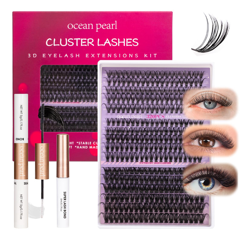 Ocean Pearl Cluster Lashes 144PCS Eyelashes 10-16mm Lash Clusters Fluffy Eyelash Extension Cluster Lashes Kit Individual Eyelash Lash Extensions Kit with Super Bond+Seal+Remover+Tweezer-DM01
