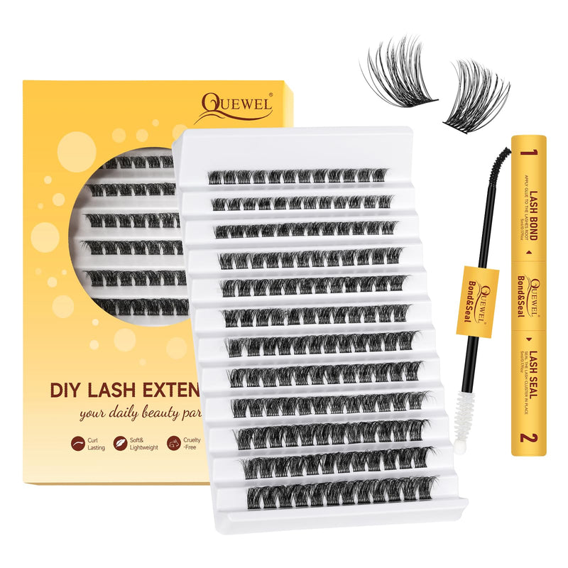 Individual-Lashes 144 Cluster-Lashes QUEWEL DIY Eyelash-Extensions-Kit, Clusters Eyelash Applicator, Cluster Lashes Bond and Seal Super Hold, Clusters Lash Glue Remover Easy to Remove(QU-RR-DH-01)