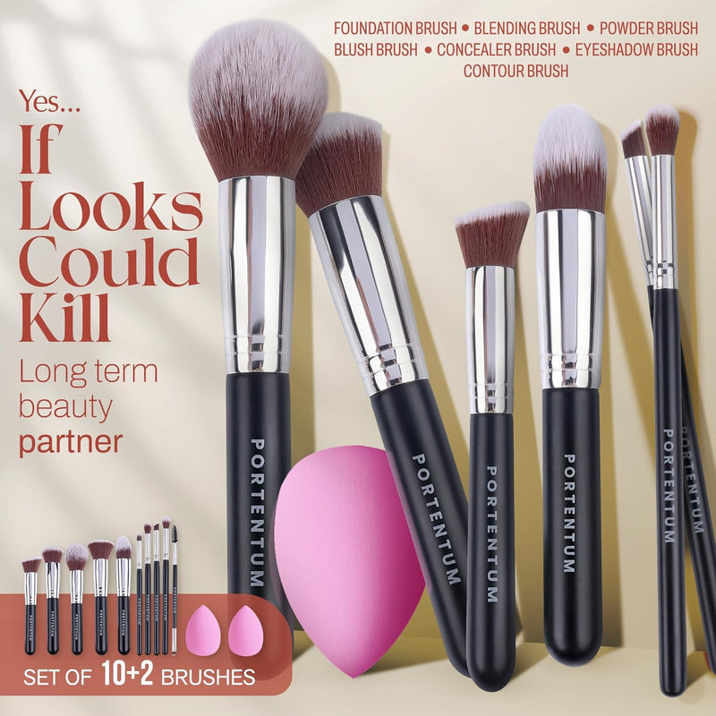 PORTENTUM Make up Brushes 12Pcs Makeup Kit, Premium Synthetic Kabuki Foundation Face Powder Concealers Eyeshadow Blush Brushes Make up Brushes Set