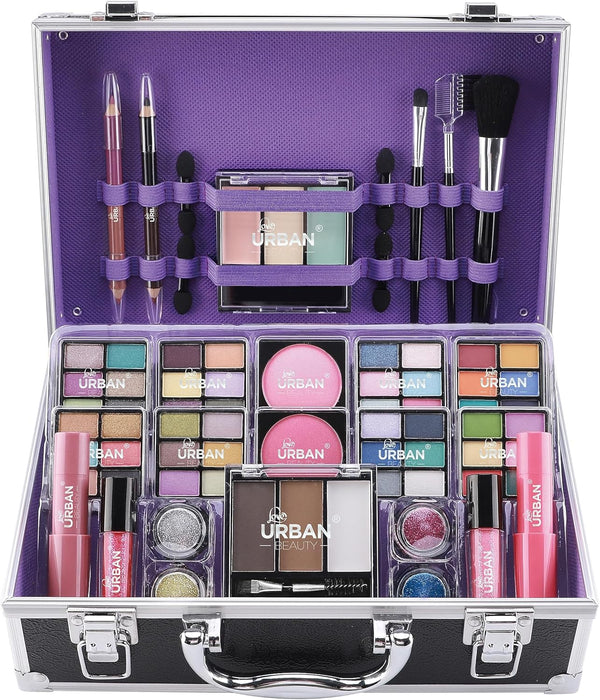 Bliss Beauty Case with Vegan Makeup Products - Beauty Case with Eyeshadow, Blush, Lipstick, Wax and Powder for Eyebrows, Brushes - Makeup Case Organizer with Aluminium Frame