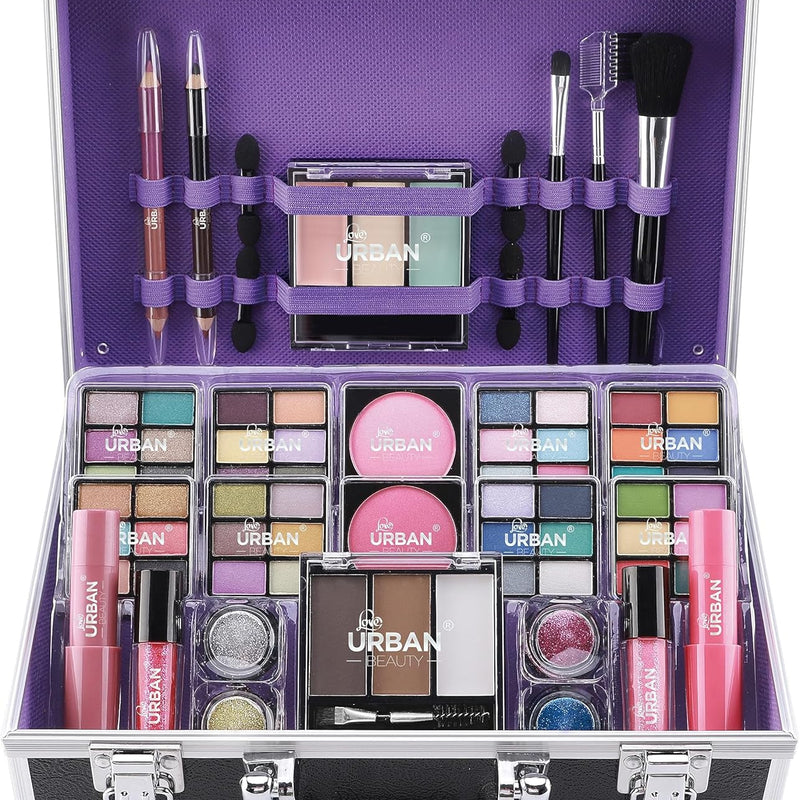 Bliss Beauty Case with Vegan Makeup Products - Beauty Case with Eyeshadow, Blush, Lipstick, Wax and Powder for Eyebrows, Brushes - Makeup Case Organizer with Aluminium Frame