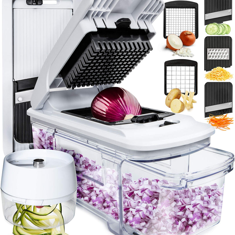 Multifunctional Vegetable Slicer and Professional Kitchen Mandolin Slicer - Vegetable Slicer - Cubes Onion Carrot, Cucumber, Tomatoes - Vegetable and Cheese Grater (Compact 6-in-1 White)