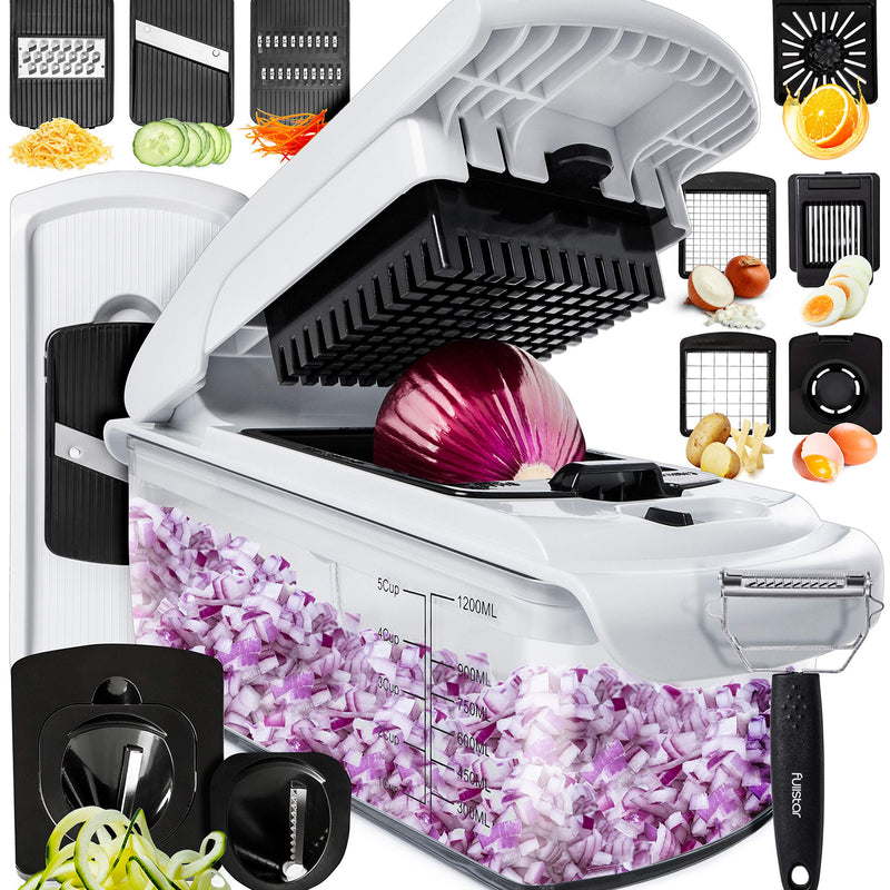 Multifunctional Vegetable Slicer and Professional Kitchen Mandolin Slicer - Vegetable Slicer - Cubes Onion Carrot, Cucumber, Tomatoes - Vegetable and Cheese Grater (Compact 6-in-1 White)