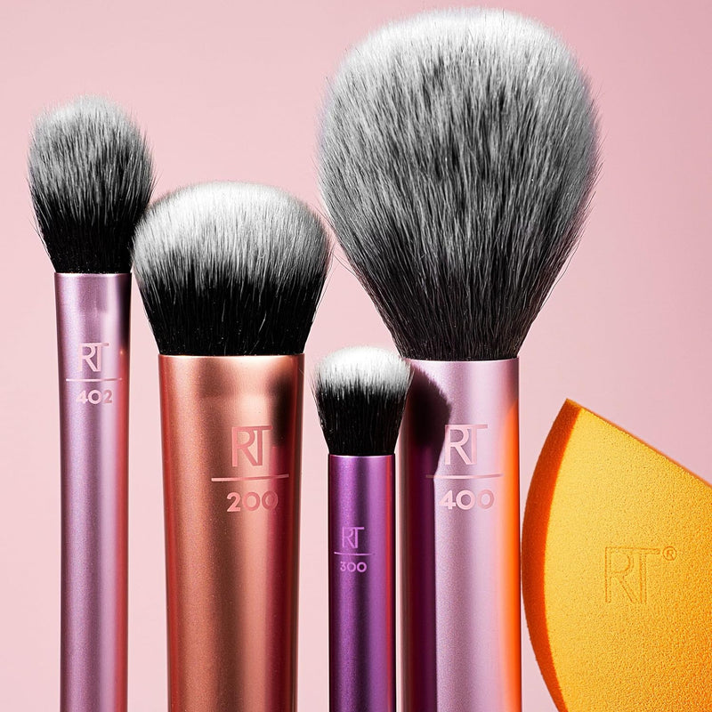REAL TECHNIQUES,5 Count (Pack of 1) Everyday Essentials Makeup Brush Complete Face Set (Miracle Complexion Sponge, Expert Face, Blush, Setting and Deluxe Crease Brushes)
