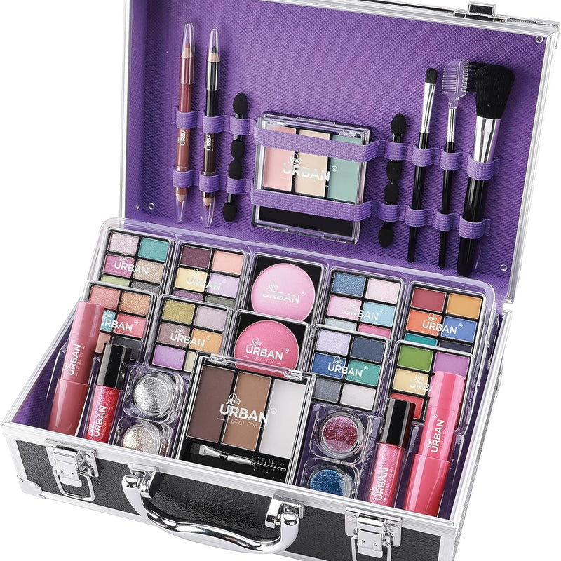 Bliss Beauty Case with Vegan Makeup Products - Beauty Case with Eyeshadow, Blush, Lipstick, Wax and Powder for Eyebrows, Brushes - Makeup Case Organizer with Aluminium Frame